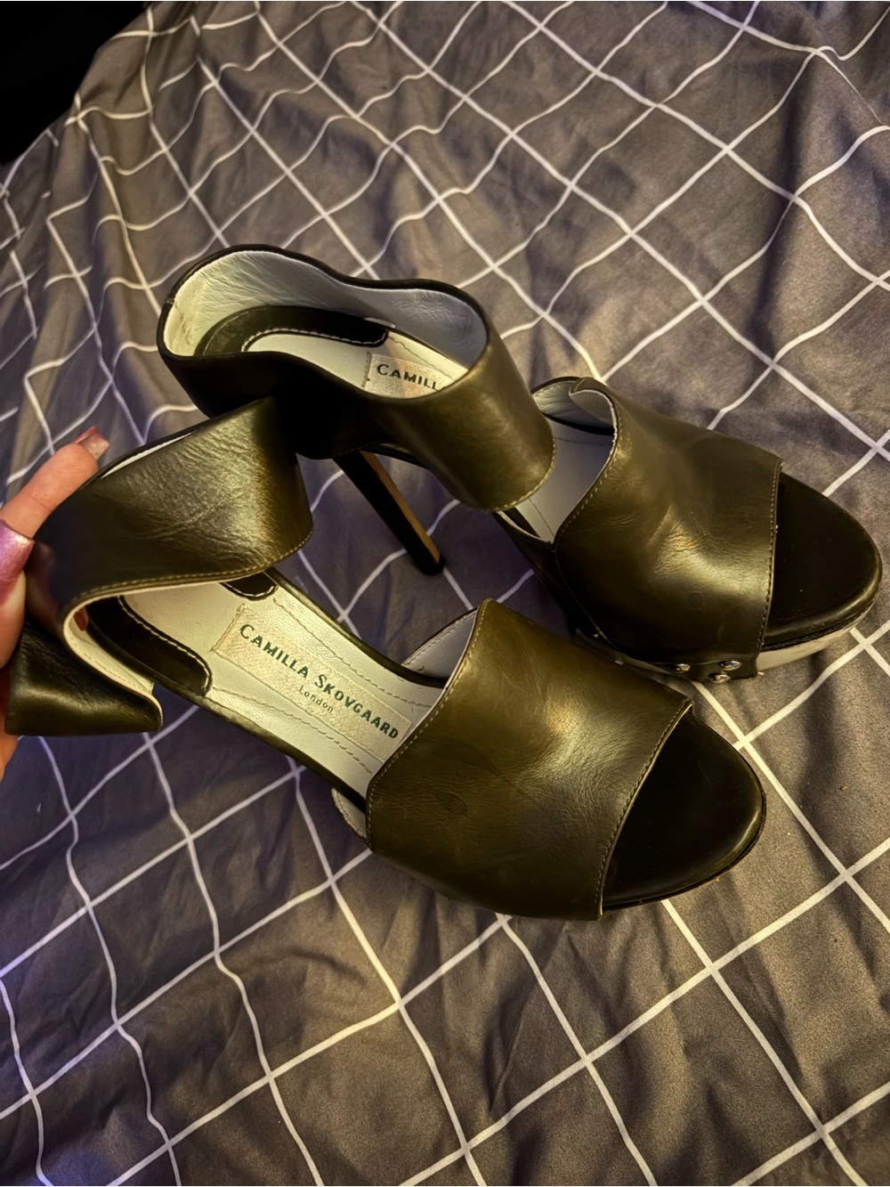 Camilla skovgaard London platform peep stilletto heels olive leather